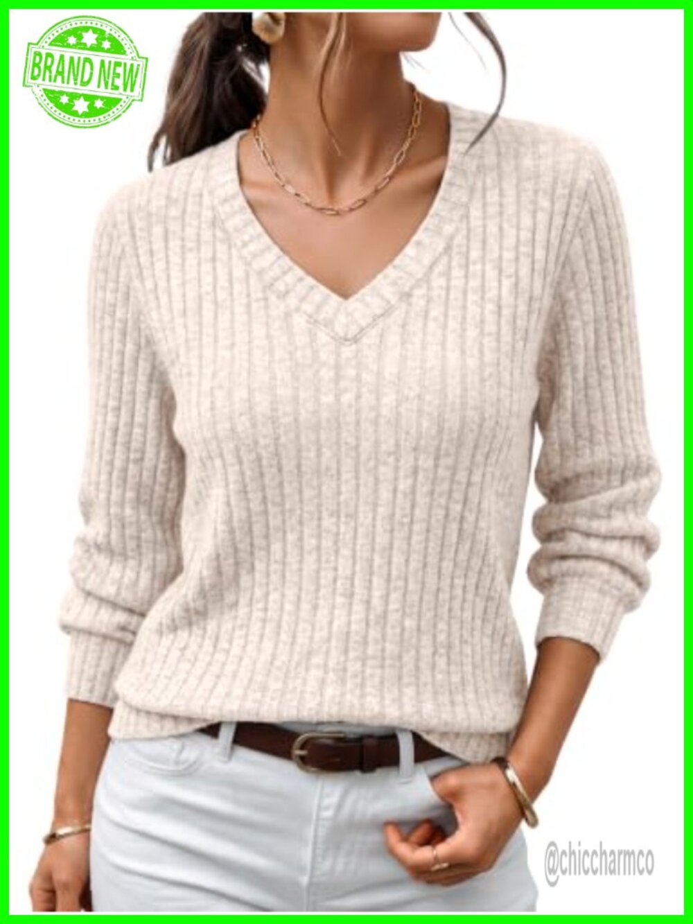 Womens V-Neck Long Sleeve Lightweight Sweater Pullover Loose Fit Fall Top